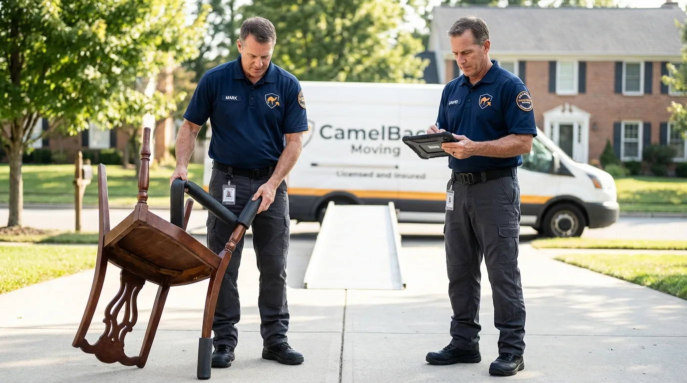 Movers inspecting furniture for damage prevention before loading in Springville, UT