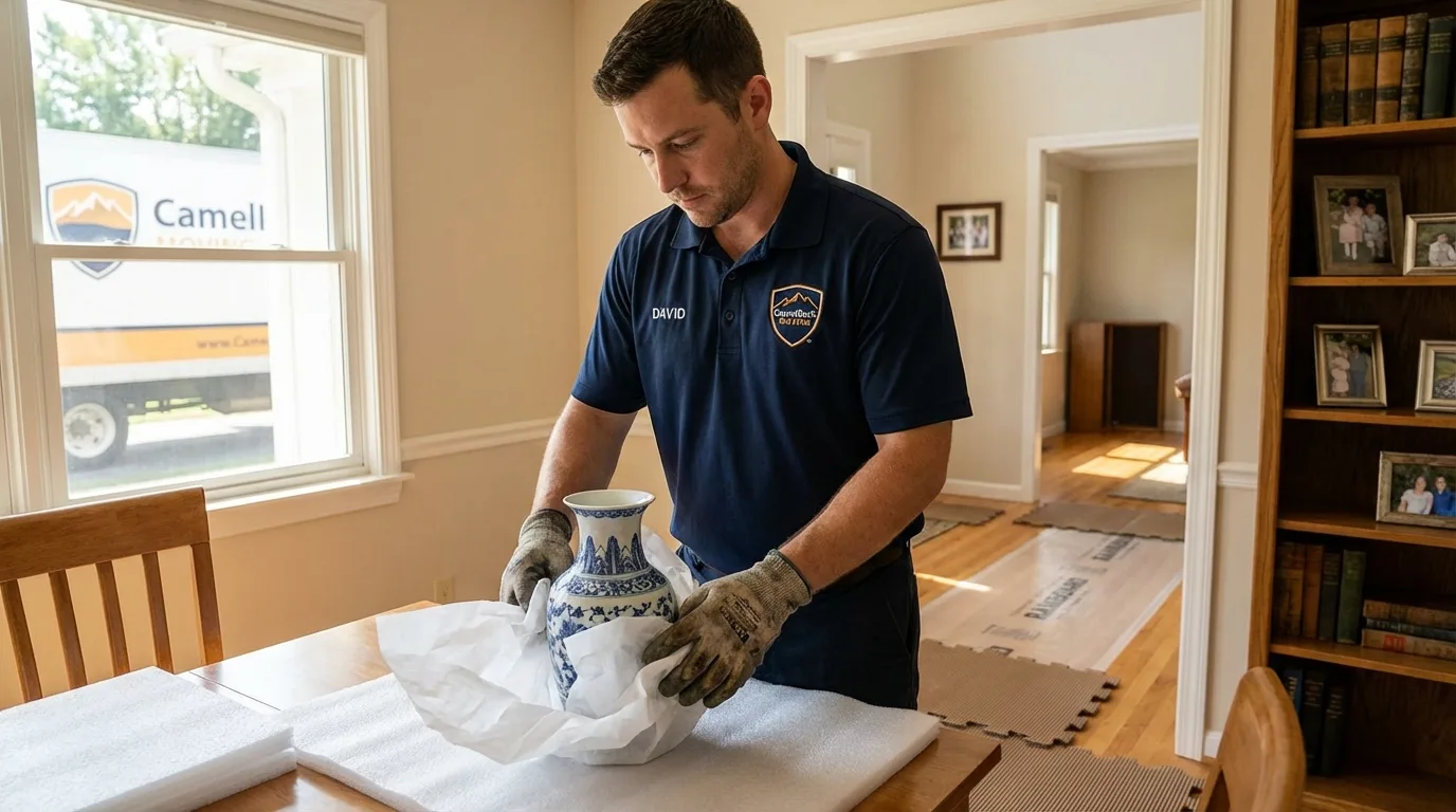 Professional crew carefully wrapping antique vase for senior downsizing move in Springville, UT